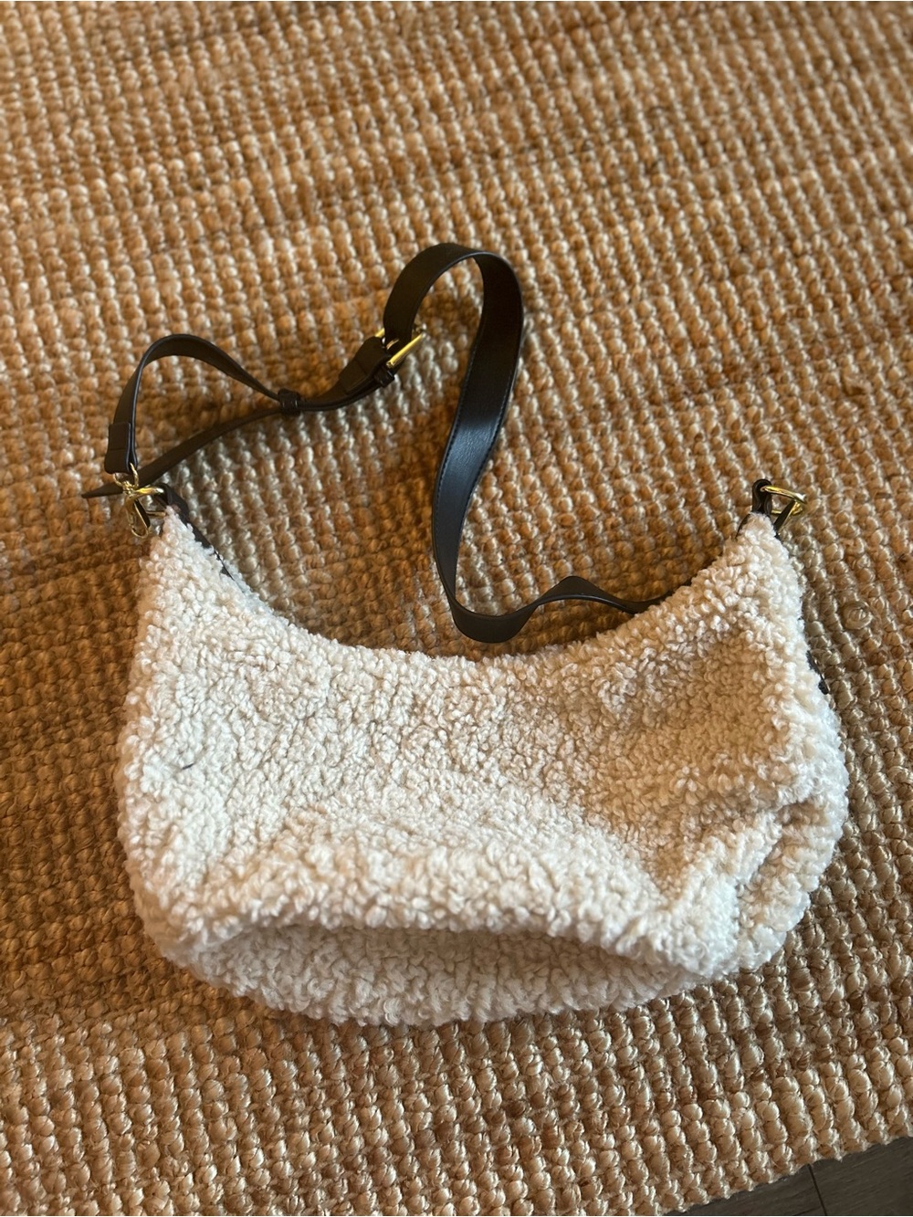 Anthropologie Cream Sherpa Shoulder Bag with Black Strap